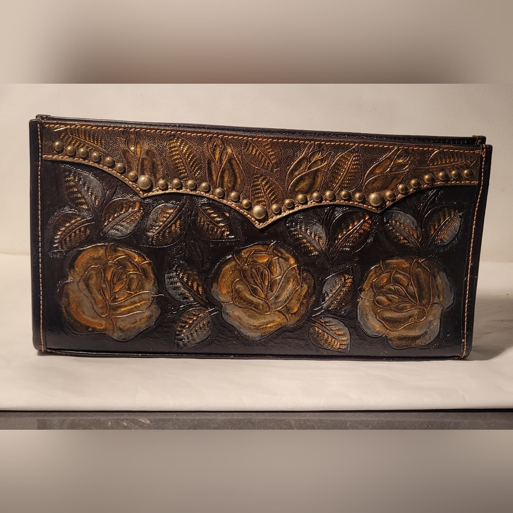 Embossed Floral Leather Clutch